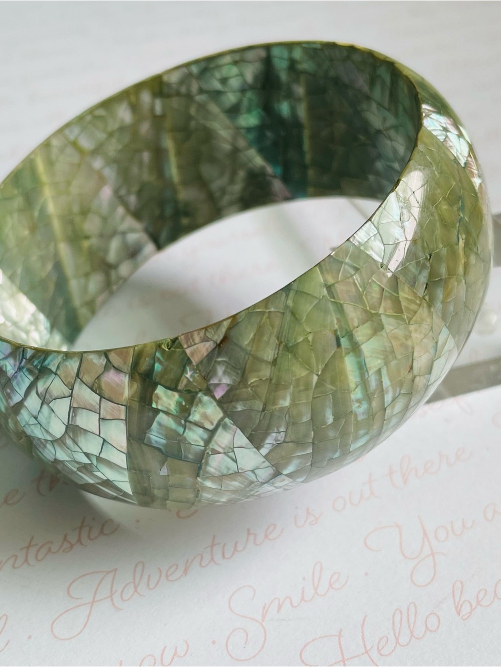 Green Mother-of-Pearl Mosaic Inlay Bangle Accent Bracelet Sz 7.5